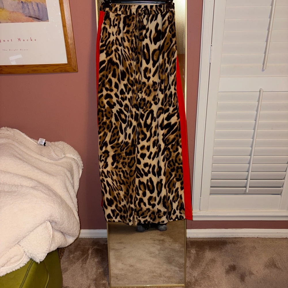 SHEIN Leopard Print Wide Leg Pants with Red Stripe